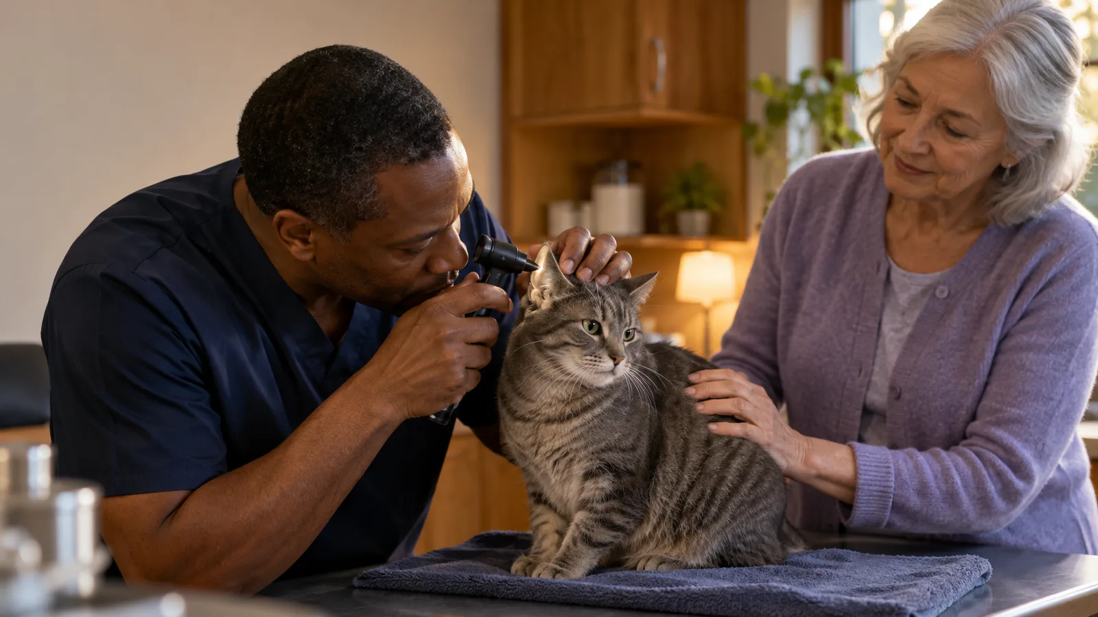 Veterinario revisando a un gato acompañado por su dueña.
